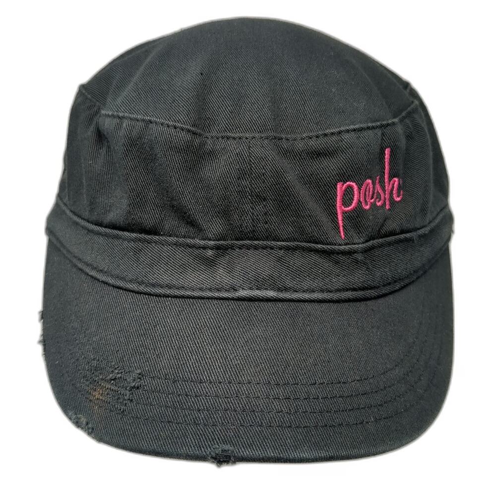 District Army Cap Black One Size Pink Posh Script Embroidery Frayed Edge Hat